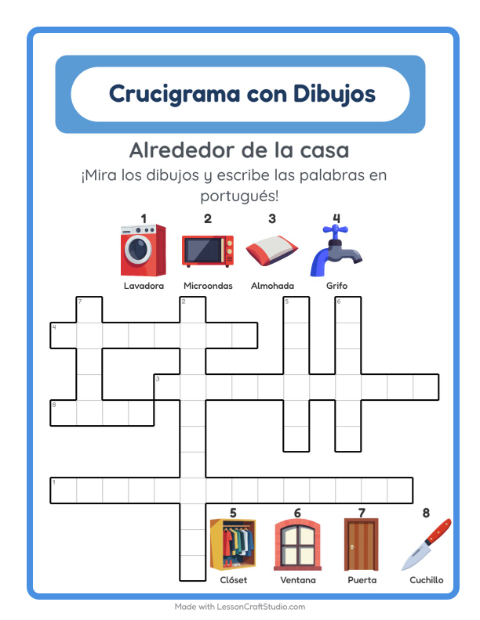 Crucigrama ilustrado en portugués – Por La Casa