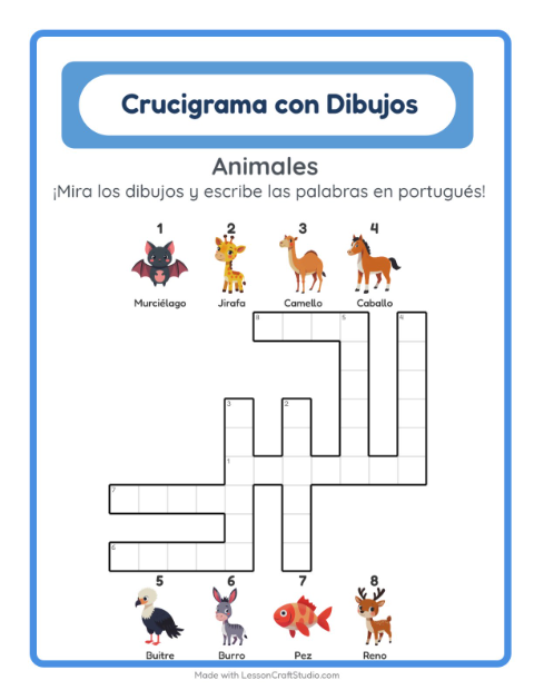 Crucigrama ilustrado en portugués – Animales