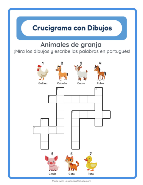 Vista previa de Aprender portugués: Animales De Granja – crucigrama para niños