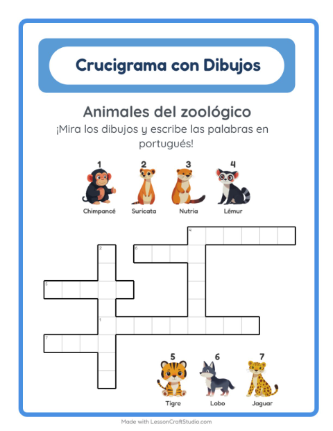 Crucigrama ilustrado en portugués – Animales Del Zoológico