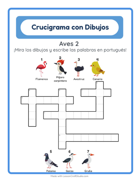 Crucigrama ilustrado en portugués – Aves 2