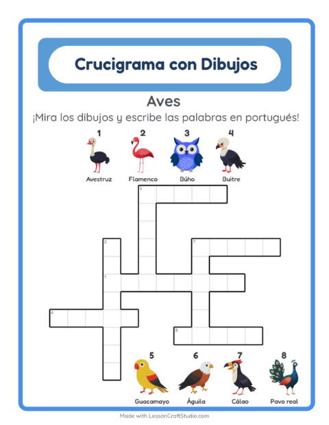 Crucigrama ilustrado en portugués – Aves
