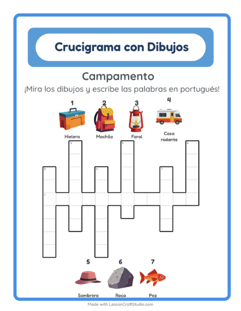 Crucigrama ilustrado en portugués – Acampada