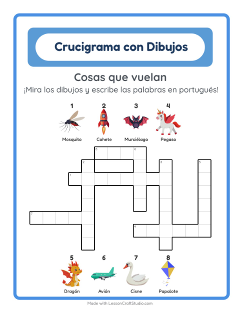 Crucigrama ilustrado en portugués – Cosas Que Vuelan