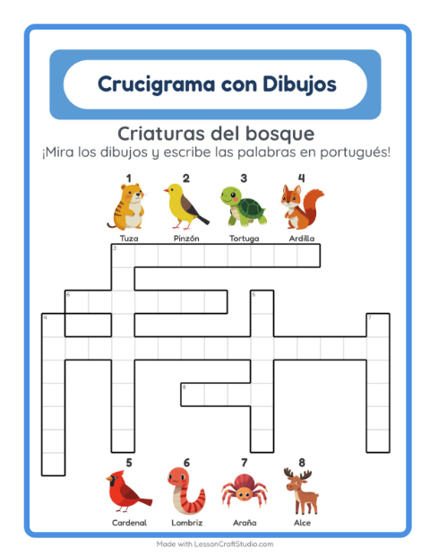Crucigrama ilustrado en portugués – Animales Del Bosque