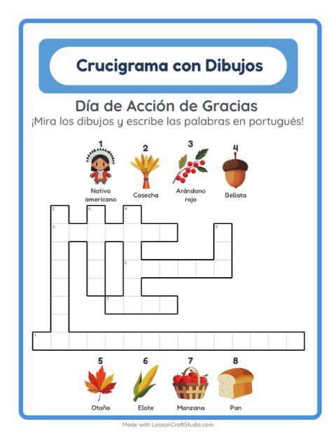 Crucigrama ilustrado en portugués – Acción De Gracias