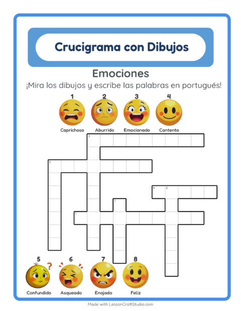 Crucigrama ilustrado en portugués – Emociones