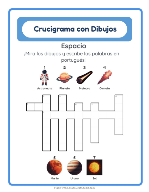 Crucigrama ilustrado en portugués – Espacio