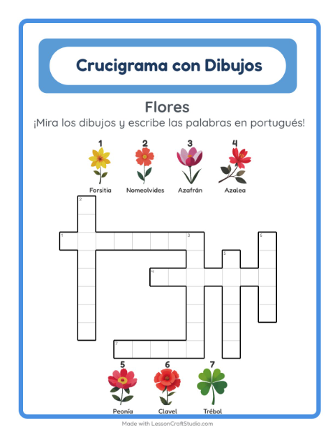 Crucigrama ilustrado en portugués – Flores