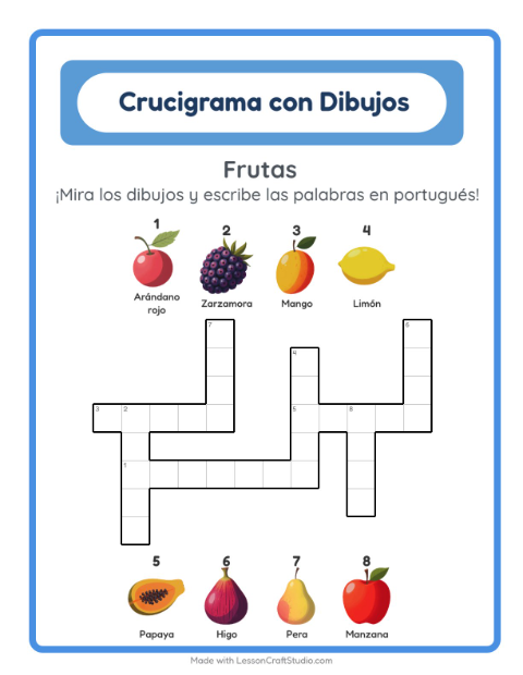 Vista previa de Aprender portugués: Frutas – crucigrama para niños