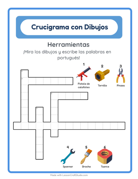 Crucigrama ilustrado en portugués – Herramientas