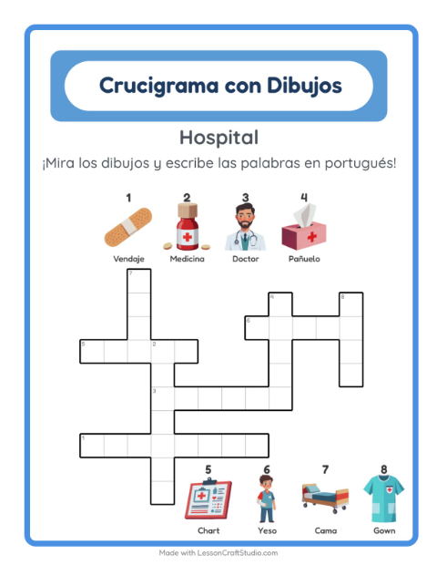 Crucigrama ilustrado en portugués – Hospital