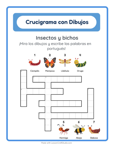 Crucigrama ilustrado en portugués – Insectos Y Bichos