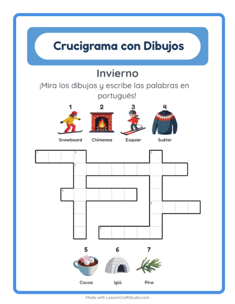 Crucigrama ilustrado en portugués – Invierno
