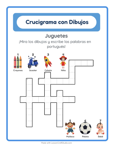 Crucigrama ilustrado en portugués – Juguetes