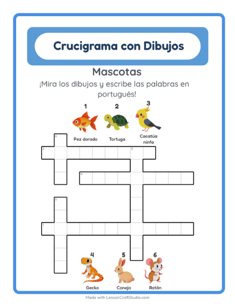 Crucigrama ilustrado en portugués – Mascotas