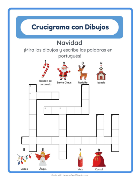 Crucigrama ilustrado en portugués – Navidad