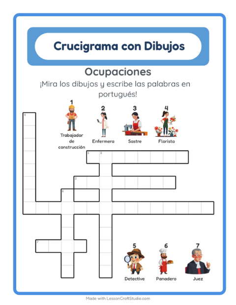 Vista previa de Aprender portugués: Oficios – crucigrama para niños