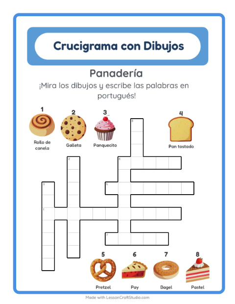 Crucigrama ilustrado en portugués – Panadería