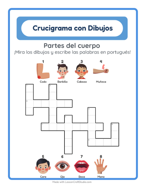 Crucigrama ilustrado en portugués – Partes Del Cuerpo