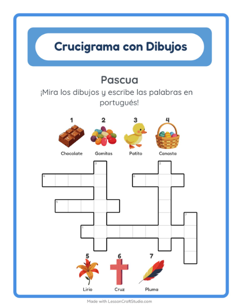 Crucigrama ilustrado en portugués – Pascua