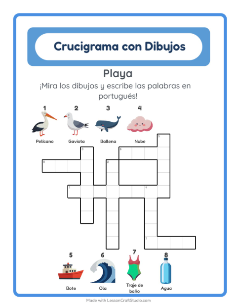 Crucigrama ilustrado en portugués – Playa