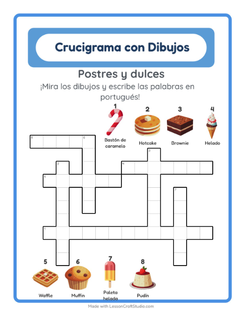 Crucigrama ilustrado en portugués – Postres Y Dulces