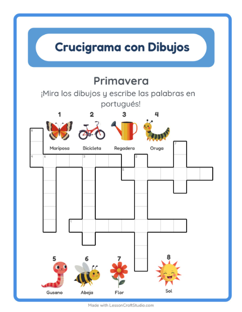 Vista previa de Aprender portugués: Primavera – crucigrama para niños