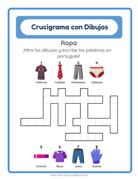 Crucigrama ilustrado en portugués – Ropa