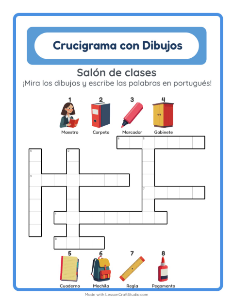 Crucigrama ilustrado en portugués – Aula