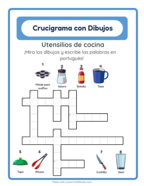 Crucigrama ilustrado en portugués – Utensilios De Cocina