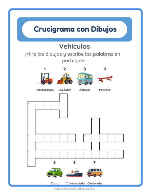 Crucigrama ilustrado en portugués – Vehículos