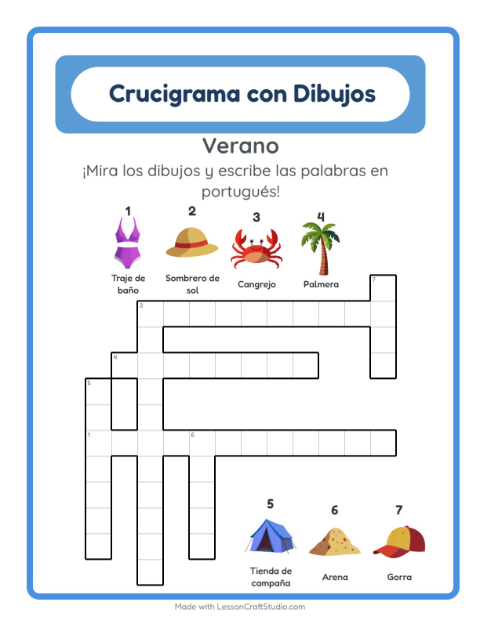 Crucigrama ilustrado en portugués – Verano