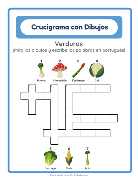 Crucigrama ilustrado en portugués – Verduras
