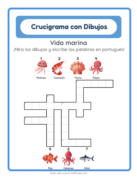 Crucigrama ilustrado en portugués – Vida Marina