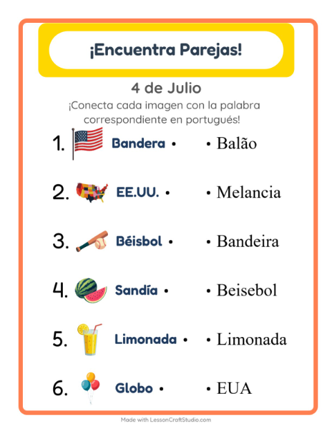 Une imágenes y palabras en portugués – Cuatro De Julio