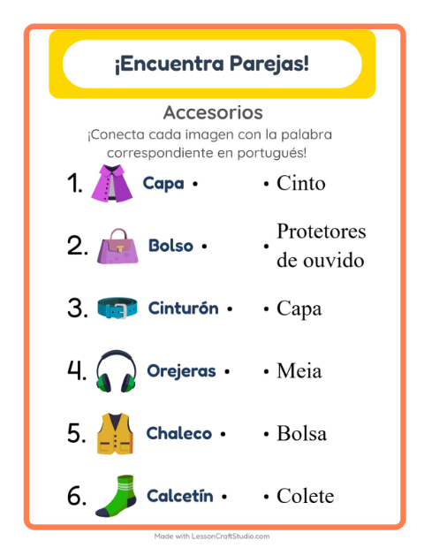 Vista previa de Aprender portugués: Accesorios – une imágenes y palabras para niños