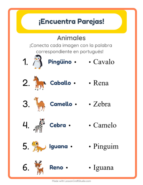 Une imágenes y palabras en portugués – Animales