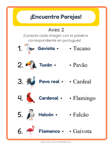 Une imágenes y palabras en portugués – Aves 2