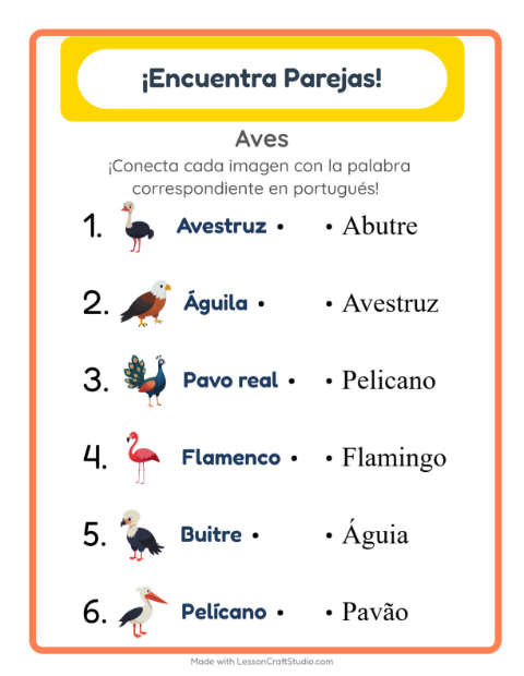Vista previa de Aprender portugués: Aves – une imágenes y palabras para niños