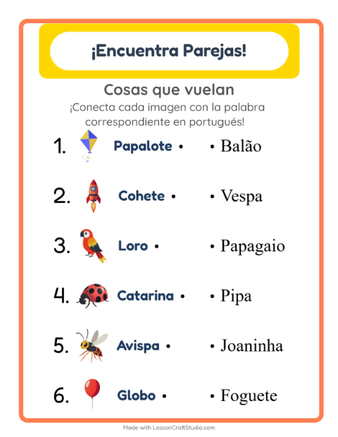 Une imágenes y palabras en portugués – Cosas Que Vuelan