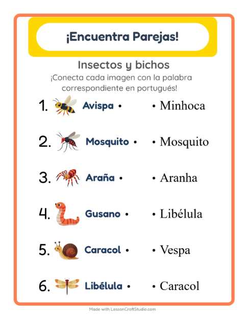 Une imágenes y palabras en portugués – Insectos Y Bichos