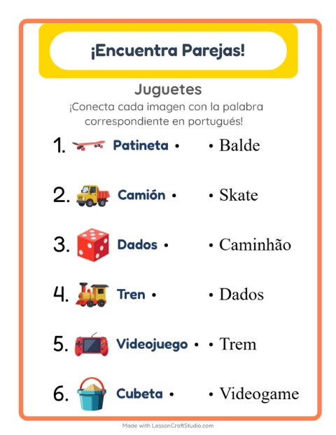 Une imágenes y palabras en portugués – Juguetes