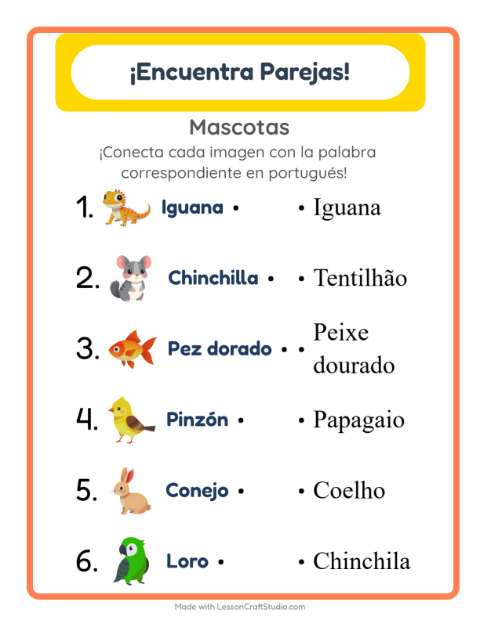 Une imágenes y palabras en portugués – Mascotas