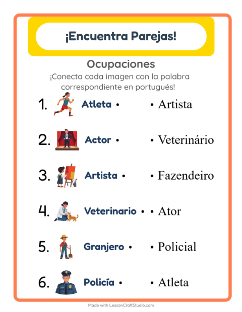 Vista previa de Aprender portugués: Oficios – une imágenes y palabras para niños