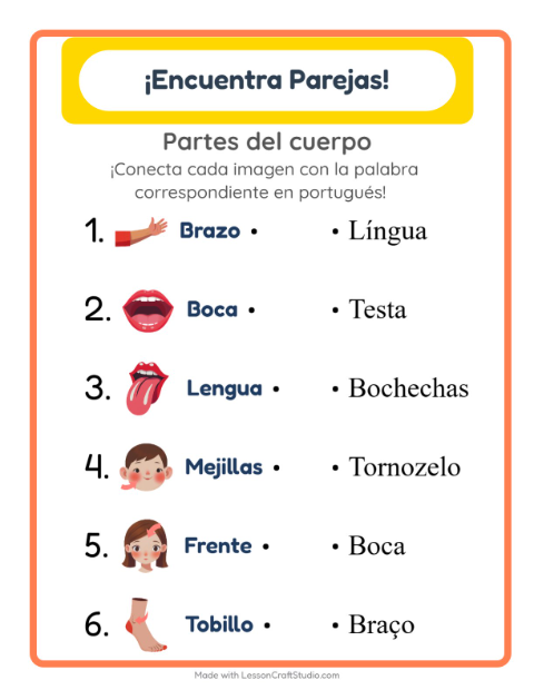 Une imágenes y palabras en portugués – Partes Del Cuerpo