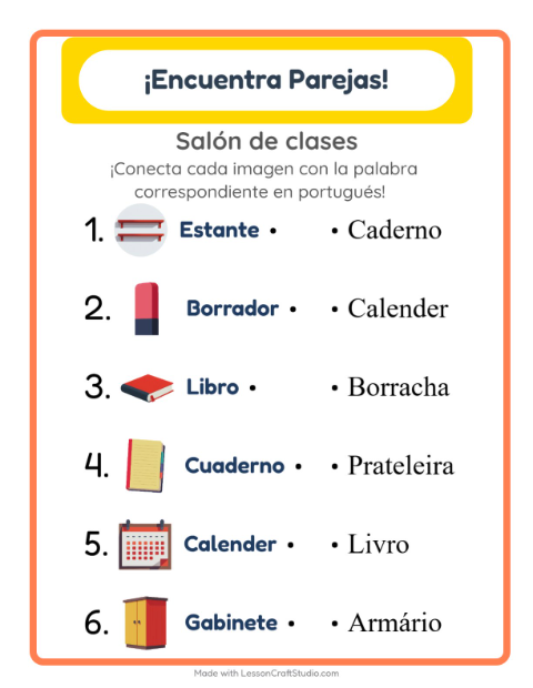 Une imágenes y palabras en portugués – Aula
