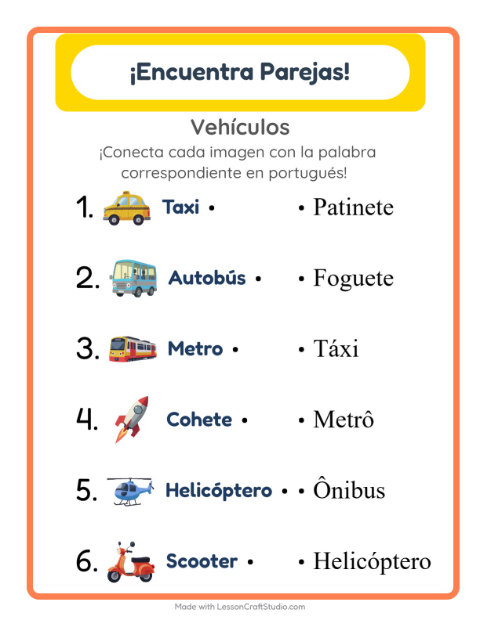 Une imágenes y palabras en portugués – Vehículos