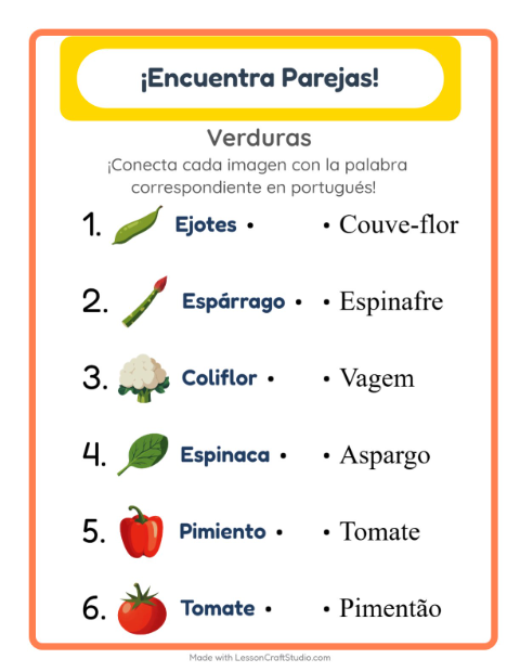 Une imágenes y palabras en portugués – Verduras