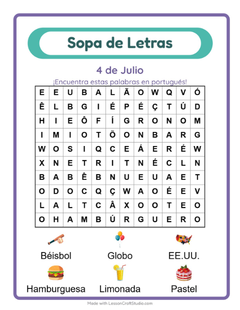Vista previa de Aprender portugués: Cuatro De Julio – sopa de letras para niños
